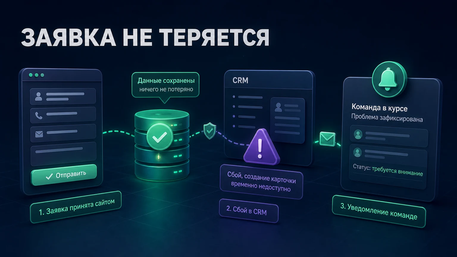 Иллюстрация к разделу «При сбое заявка сохраняется, а команда видит проблему»