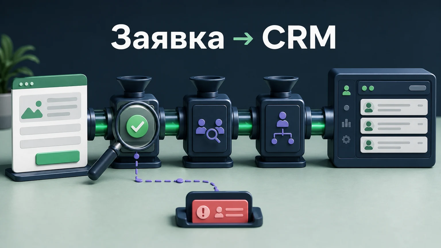Схема передачи заявки с сайта через проверку и распределение в CRM.