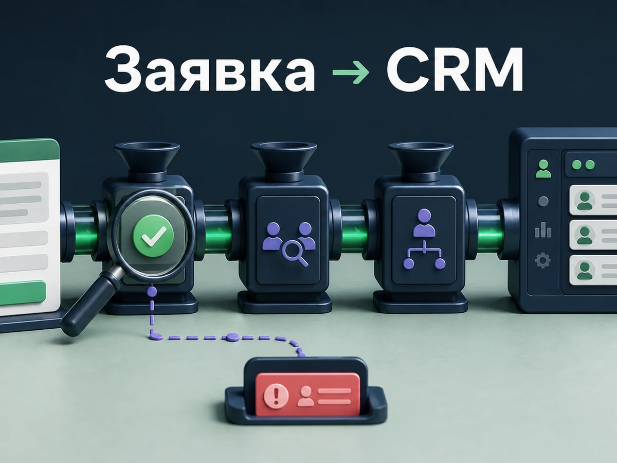 Схема передачи заявки с сайта через проверку и распределение в CRM.