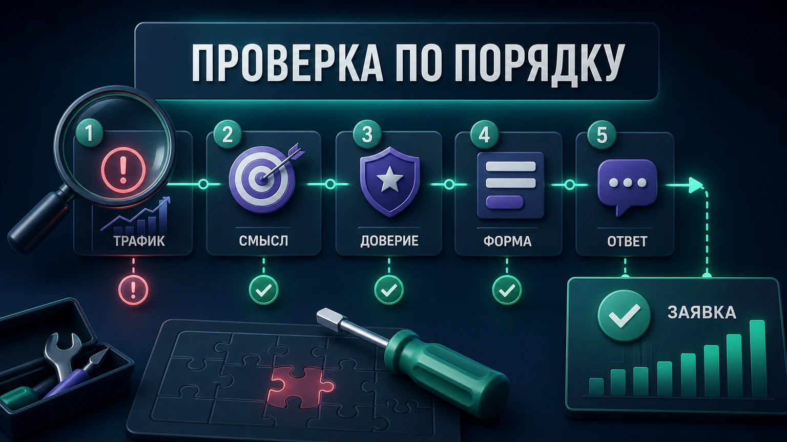 Диагностическая доска последовательно проверяет трафик, смысл, доверие, форму и ответ команды и отмечает первый разрыв
