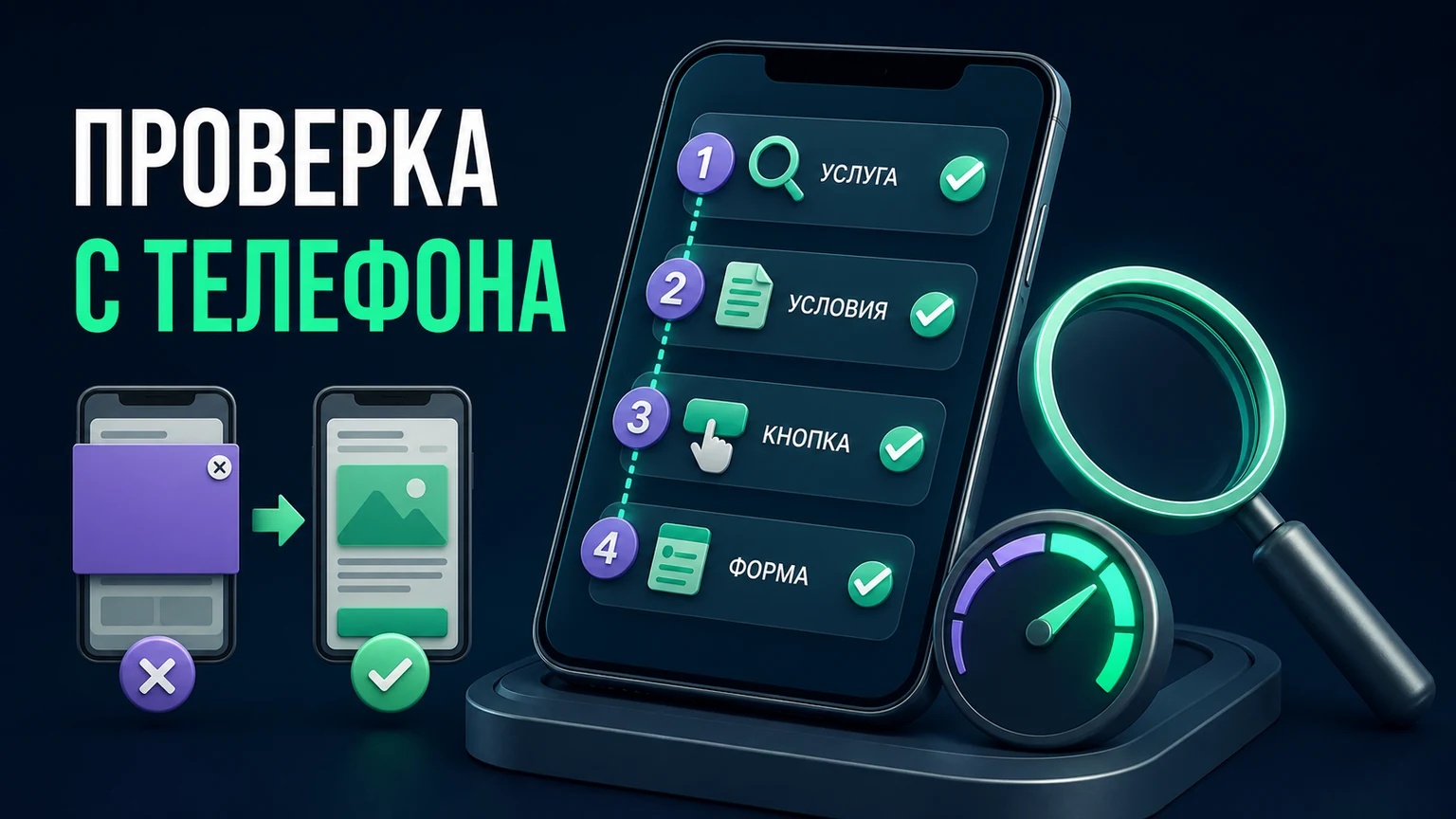 На смартфоне отмечены четыре шага клиента от выбора услуги до отправки формы и проверка скорости страницы