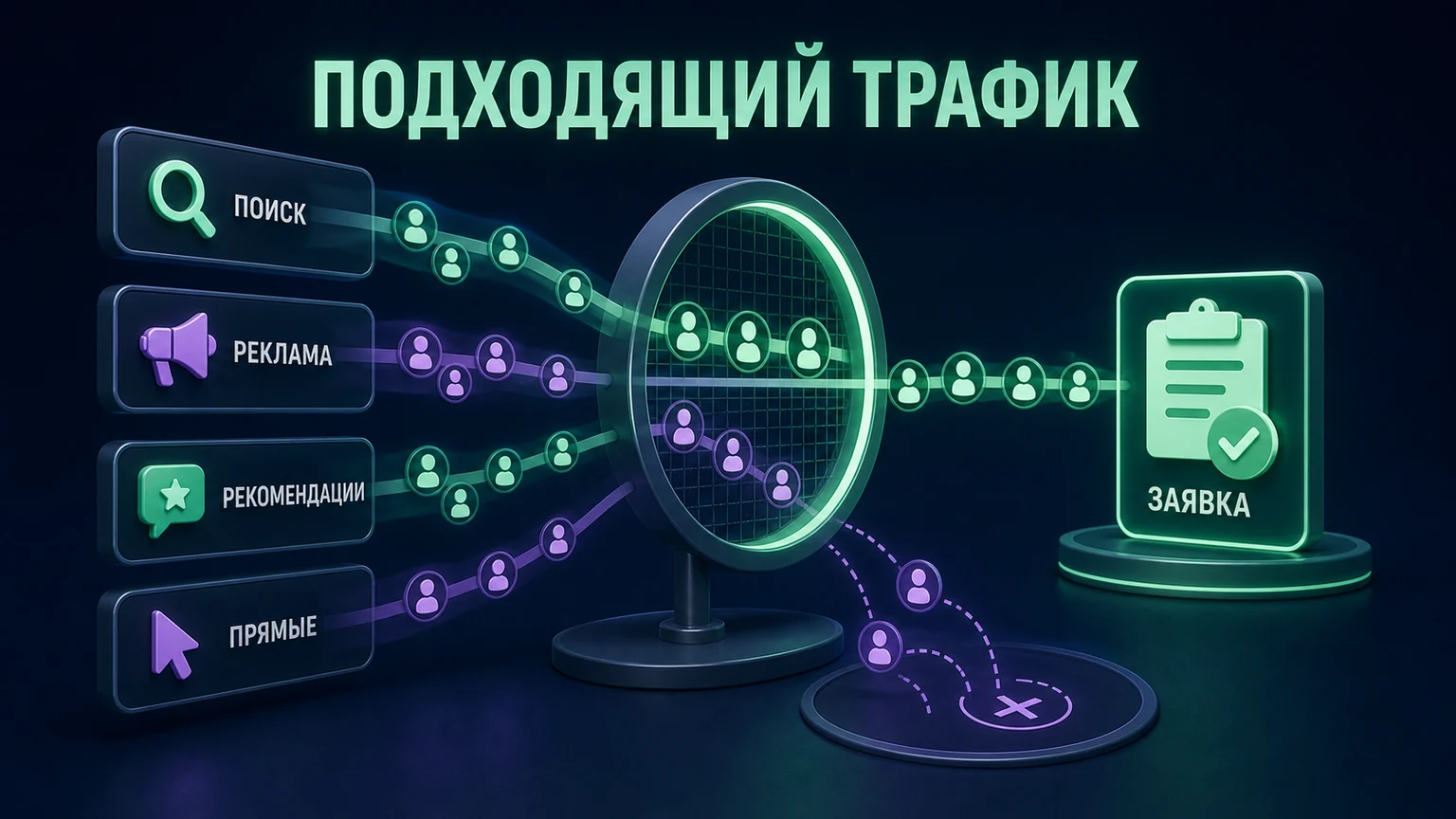Четыре источника трафика проходят через фильтр, который отделяет подходящих посетителей и ведёт их к заявке
